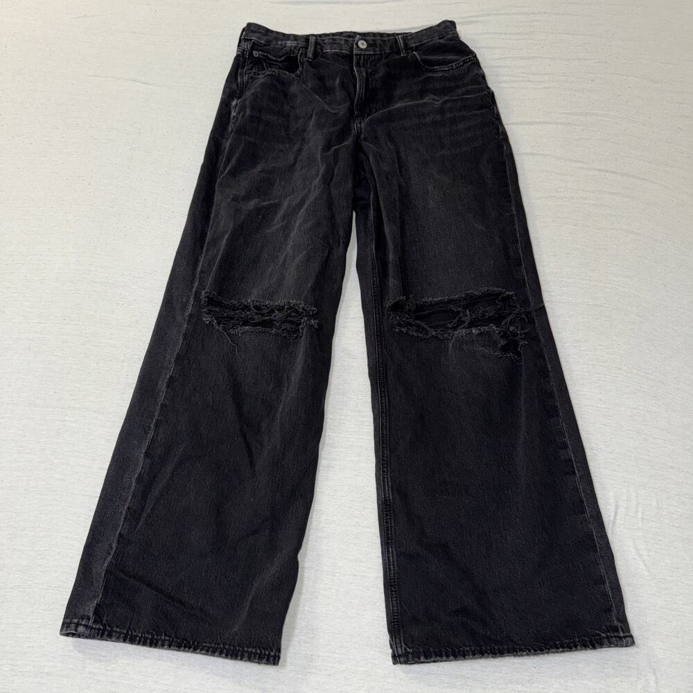 American Eagle Jeans Women's 12 Black Curvy Super High Rise Baggy Straight Denim